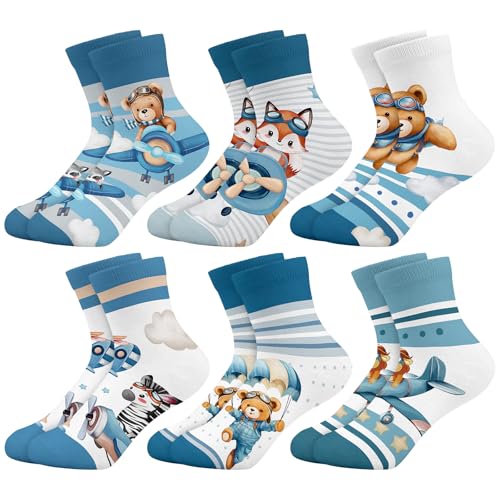 Queenshin Jungen Socken Kinder Lustige Muster Flugzeug Tiere Blaue Crew-Socken Neuheit Witzige Cartoon Füchse Bären Löwen 6 Paar 2-5 Jahre Größe 22-28 Atmungsaktiv Weich von Queenshin