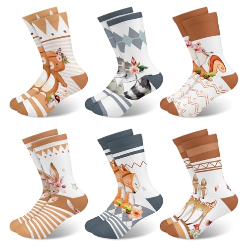 Queenshin Schulkind Sneaker Socken Mädchen Kinder Boho-Tiere Lustige Cartoon Füchse Waschbären Neuheit Verrückte Crew-Socken 6 Paar Geschenke 5-7 Jahre Größe 27-29 Atmungsaktiv Weich von Queenshin
