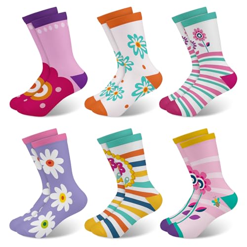 Queenshin Schulkind Sneaker Socken Mädchen Kinder Bunt Schöne Blumen Lustige Cartoon Motiv Neuheit Verrückte Gestreifte Crew-Socken 6 Paar Geschenke 8-11 Jahre Größe 32-36 Atmungsaktiv Weich von Queenshin