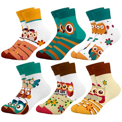 Queenshin Schulkind Socken Mädchen Kinder Bunte Eulen Lustige Cartoon Motiv Neuheit Niedlich Knöchelsocken 6 Paar Geschenke 5-8 Jahre Größe 28-32 Atmungsaktiv Weich von Queenshin