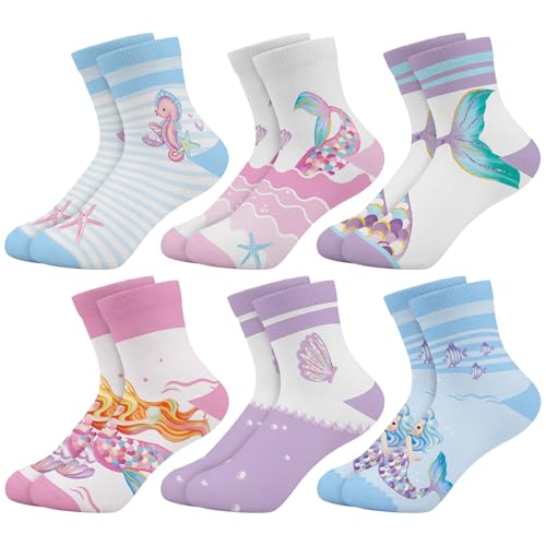 Queenshin Schulkind Socken Mädchen Kinder Buntes Fischschwanz Lustige Cartoontiere Motiv Neuheit Verrückte Knöchelsocken 6 Paar Geschenke 8-11 Jahre Größe 32-36 Atmungsaktiv Weich von Queenshin