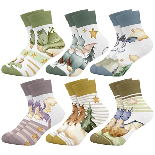 Queenshin Schulkind Socken Mädchen Kinder Fliegende Drachen Wolken Sterne Lustige Cartoon Motiv Neuheit Niedlich Knöchelsocken 6 Paar Geschenke 8-11 Jahre Größe 32-36 Atmungsaktiv Weich von Queenshin