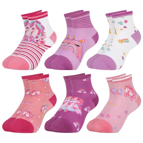 Queenshin Schulkind Socken Mädchen Kinder Lustige Regenbogen Einhorn Stern Cartoon Tiere Knöchelsocken 6 Paar Neuheit Niedlich Geschenke 3-5 Jahre Größe 25-27 Atmungsaktiv Weich von Queenshin