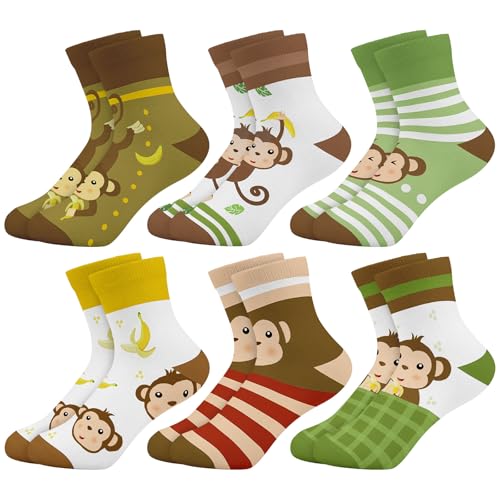 Queenshin Schulkind Socken Mädchen Kinder Lustige Cartoon Affe Muster Neuheit Witzige Tier Knöchelsocken 6 Paar Geschenke 8-11 Jahre Größe 32-36 Atmungsaktiv Weich von Queenshin