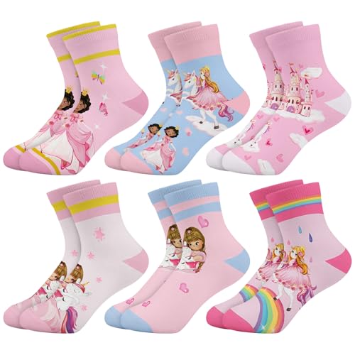 Queenshin Schulkind Socken Mädchen Kinder Regenbogen Schloss Prinzessin Lustige Cartoon Motiv Neuheit Niedlich Rosa Knöchelsocken 6 Paar Geschenke 5-8 Jahre Größe 28-32 Atmungsaktiv Weich von Queenshin