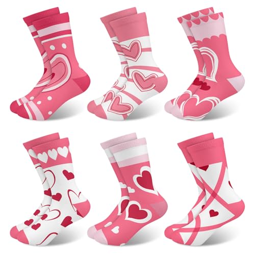 Queenshin Schulkind Sneaker Socken Mädchen Kinder Rosafarbenes Herz Lustige Cartoon Motiv Neuheit Verrückte Gestreifte Crew-Socken 6 Paar Geschenke 5-7 Jahre Größe 27-29 Atmungsaktiv Weich von Queenshin