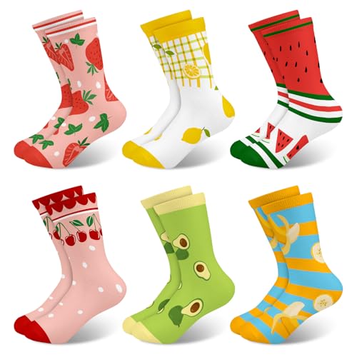 Queenshin Schulkind Sneaker Socken Mädchen Kinder Süße Cartoon Früchte Avocado Erdbeeren Lustige Bunte Muster Neuheit Niedlich Crew-Socken 6 Paar Geschenke 5-8 Jahre Größe 28-32 Atmungsaktiv Weich von Queenshin