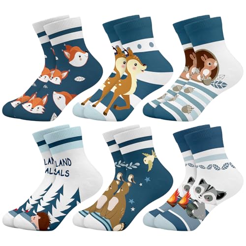 Queenshin Schulkind Socken Mädchen Kinder Waldtiere Cartoon Füchse Eichhörnchen Lustige Neuheit Muster Knöchelsocken 6 Paar Geschenke 5-8 Jahre Größe 28-32 Atmungsaktiv Weich von Queenshin