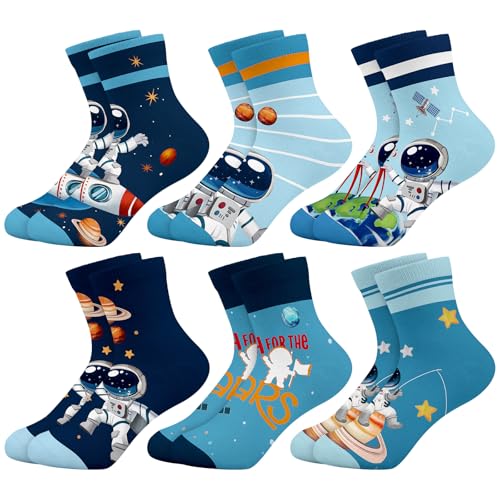 Queenshin Jungen Schulkind Socken Kinder Lustige Astronaut Blau Weltraum Raketen Planeten Knöchelhoch Socken Neuheit Witzige Cartoonmuster 6 Paar 8-11 Jahre Größe 32-36 Atmungsaktiv Weich von Queenshin
