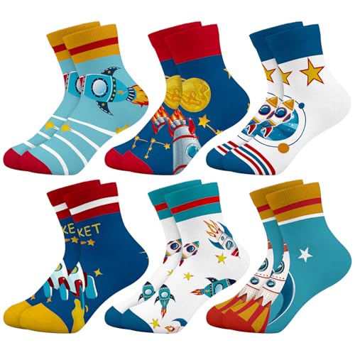 Queenshin Jungen Schulkind Socken Kinder Lustige Bunte Raketen Weltraum Coole mit Motiv Knöchelhoch Socken Neuheit Witzige Cartoon 6 Paar 5-8 Jahre Größe 28-32 Atmungsaktiv Weich von Queenshin
