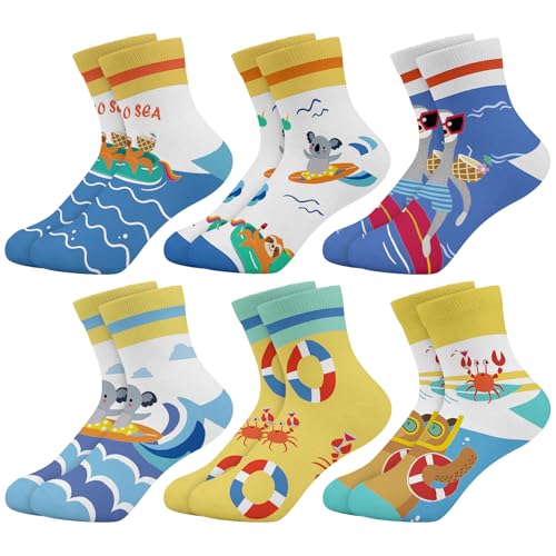 Queenshin Jungen Schulkind Socken Kinder Bunt Lustige Cartoon Motiv Faultiere Koala Neuheit Witzige Tier Knöchelsocken 6 Paar 8-11 Jahre Größe 32-36 Atmungsaktiv Weich von Queenshin