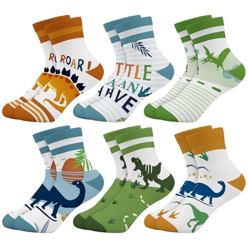 Queenshin Jungen Schulkind Socken Kinder Bunt Lustige Cartoon Dinosaurier Neuheit Verrückte Tier Coole mit Motiv Knöchelsocken 6 Paar 5-8 Jahre Größe 28-32 Atmungsaktiv Weich von Queenshin