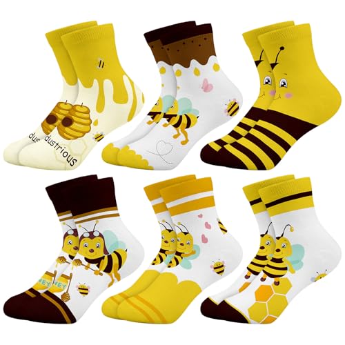 Queenshin Schulkind Socken Mädchen Kinder Biene Lustige Bunte Muster Neuheit Niedlich Knöchelsocken 6 Paar Geschenke 8-11 Jahre Größe 32-36 Atmungsaktiv Weich von Queenshin