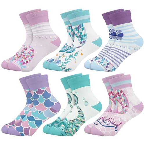 Queenshin Schulkind Socken Mädchen Kinder Buntes Fischschwanz Lustige Cartoon Motiv Neuheit Gestreifte Knöchelsocken 6 Paar Geschenke 5-8 Jahre Größe 28-32 Atmungsaktiv Weich von Queenshin