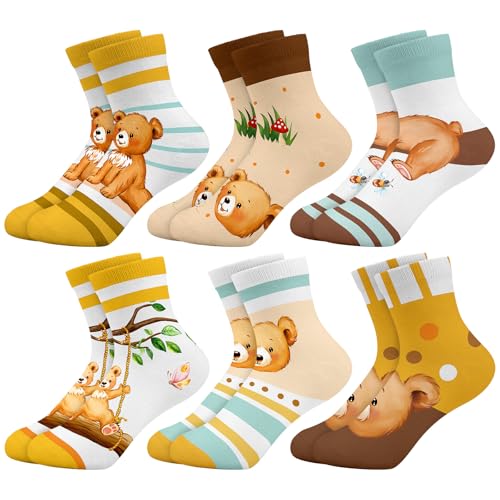Queenshin Schulkind Socken Mädchen Kinder Gelber Bär Niedliches Cartoon-Tier Lustige Motiv Knöchelsocken 6 Paar Geschenke 8-11 Jahre Größe 32-36 Atmungsaktiv Weich von Queenshin