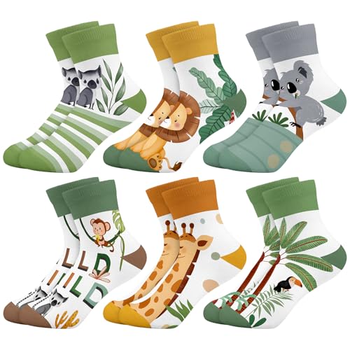 Queenshin Schulkind Socken Mädchen Kinder Lustige Boho-Tiere Bunte Cartoon Motiv Neuheit Verrückte Knöchelsocken 6 Paar Geschenke 5-7 Jahre Größe 27-29 Atmungsaktiv Weich von Queenshin
