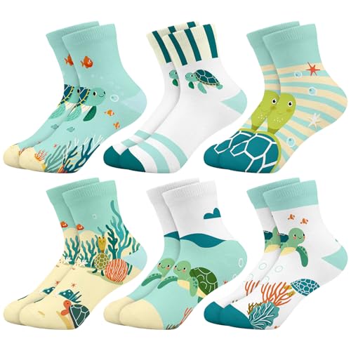 Queenshin Schulkind Socken Mädchen Kinder Niedliche Schildkröten Korallen Cartoon-Tiere Lustige Motiv Knöchelsocken 6 Paar Geschenke 5-7 Jahre Größe 27-29 Atmungsaktiv Weich von Queenshin