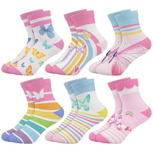 Queenshin Schulkind Socken Mädchen Kinder Regenbogen Schmetterling Lustige Cartoon Motiv Neuheit Gestreifte Knöchelsocken 6 Paar Geschenke 8-11 Jahre Größe 32-36 Atmungsaktiv Weich von Queenshin