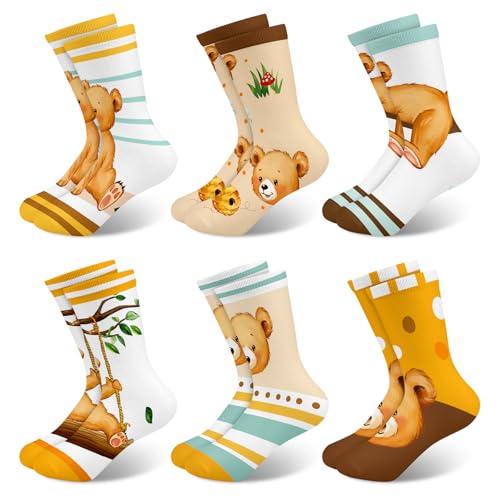 Queenshin Sneaker Socken Mädchen Kinder Gelber Bär Niedliches Cartoon-Tier Lustige Motiv Crew-Socken 6 Paar Geschenke 2-5 Jahre Größe 22-28 Atmungsaktiv Weich von Queenshin