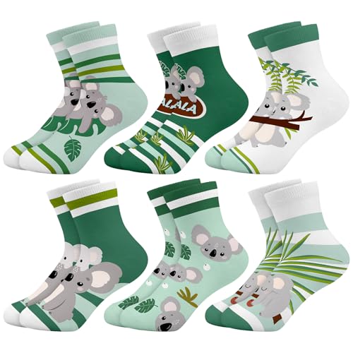Queenshin Schulkind Sneaker Socken Mädchen Kinder Koala Lustige Cartoon Motiv Neuheit Niedlich Crew-Socken 6 Paar Geschenke 5-8 Jahre Größe 28-32 Atmungsaktiv Weich von Queenshin