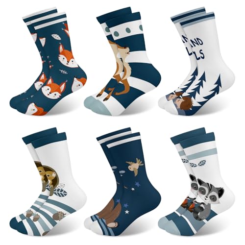Queenshin Schulkind Sneaker Socken Mädchen Kinder Waldtiere Cartoon Füchse Eichhörnchen Lustige Neuheit Muster Crew-Socken 6 Paar Geschenke 5-8 Jahre Größe 28-32 Atmungsaktiv Weich von Queenshin