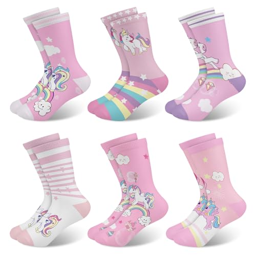 Queenshin Schulkind Sneaker Socken Mädchen Kinder Regenbogen Einhorn Lustige Cartoon Motiv Neuheit Niedlich Wolken Crew-Socken 6 Paar Geschenke 5-8 Jahre Größe 28-32 Atmungsaktiv Weich von Queenshin