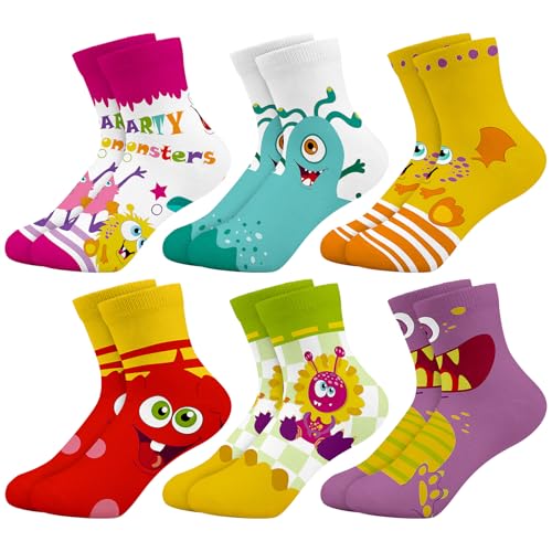 Queenshin Schulkind Socken Mädchen Neuartige Cartoon-Monster Motive Kindersocken Farbig 6 Paar Geschenk 3-12 Jahre von Queenshin