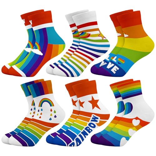 Queenshin Socken Mädchen Kinder Regenbogen Lustige Bunte Motiv Neuheit Niedlich Knöchelsocken 6 Paar Geschenke 2-5 Jahre Größe 22-28 Atmungsaktiv Weich von Queenshin