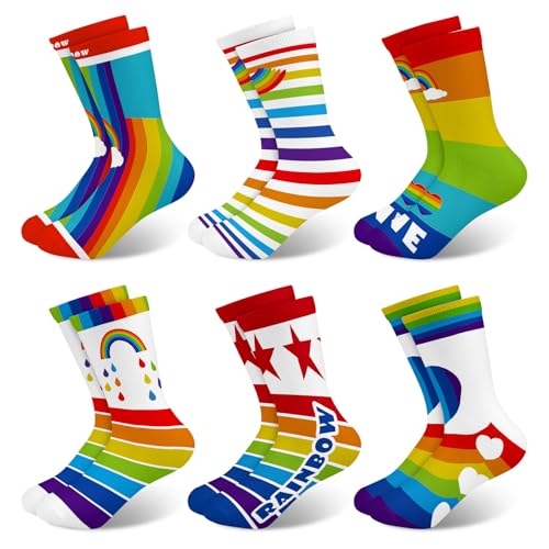 Queenshin Schulkind Sneaker Socken Mädchen Kinder Regenbogen Lustige Bunte Motiv Neuheit Niedlich Crew-Socken 6 Paar Geschenke 5-8 Jahre Größe 28-32 Atmungsaktiv Weich von Queenshin