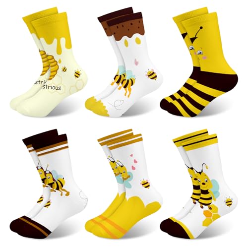 Queenshin Sneaker Socken Mädchen Kinder Biene Lustige Bunte Muster Neuheit Niedlich Crew-Socken 6 Paar Geschenke 2-5 Jahre Größe 22-28 Atmungsaktiv Weich von Queenshin
