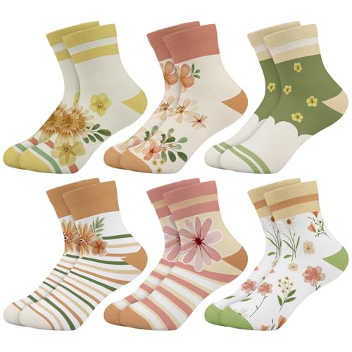 Queenshin Socken Mädchen Kinder Bunt Boho-Blume Lustige Cartoon Motiv Neuheit Verrückte Gestreifte Knöchelsocken 6 Paar Geschenke 2-5 Jahre Größe 22-28 Atmungsaktiv Weich von Queenshin