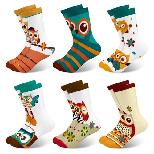 Queenshin Sneaker Socken Mädchen Kinder Bunte Eulen Lustige Cartoon Motiv Neuheit Niedlich Crew-Socken 6 Paar Geschenke 2-5 Jahre Größe 22-28 Atmungsaktiv Weich von Queenshin