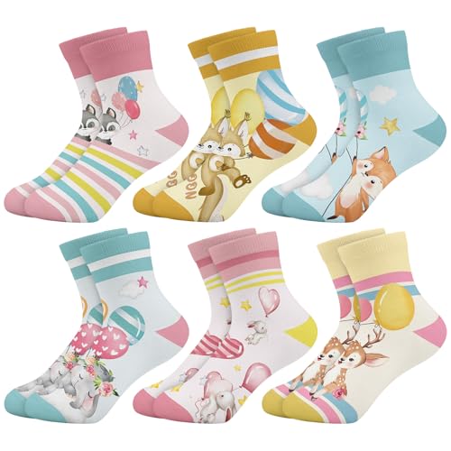 Queenshin Socken Mädchen Kinder Lustige Motiv Cartoon-Tiere Bunte Luftballons Neuheit Niedlich Knöchelsocken 6 Paar Geschenke 2-5 Jahre Größe 22-28 Atmungsaktiv Weich von Queenshin