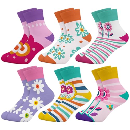 Queenshin Socken Mädchen Kinder Bunt Schöne Blumen Lustige Cartoon Motiv Neuheit Verrückte Gestreifte Knöchelsocken 6 Paar Geschenke 2-5 Jahre Größe 22-28 Atmungsaktiv Weich von Queenshin