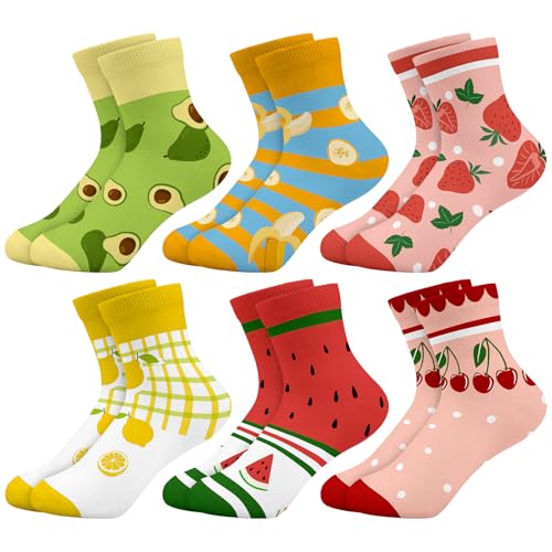 Queenshin Socken Mädchen Kinder Süße Cartoon Früchte Avocado Erdbeeren Lustige Bunte Muster Neuheit Niedlich Knöchelsocken 6 Paar Geschenke 2-5 Jahre Größe 22-28 Atmungsaktiv Weich von Queenshin