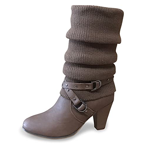 Queen Tina Damen Stiefeletten Absatz Strick Stiefel Herbst Winter Schuhe Reißverschluß ST62 (Braun, numeric_40) von Queentina