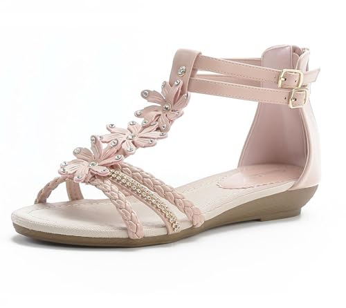 Queentina Damen Sandalen Blumen Sandaletten Riemchen Flach Sommer Glitzer ST98 Rosa 36 von Queentina