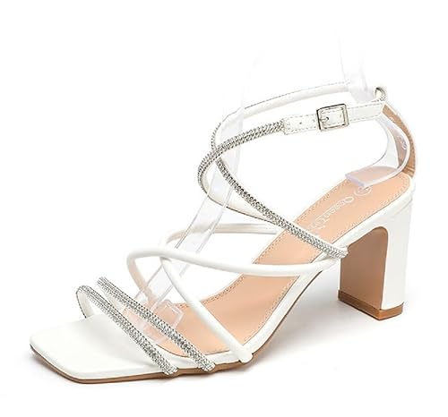 Queentina Damen Sandalen Riemchen Glitzer Absatz High Heels Sandaletten Tanzschuhe BL6602 Weiß 37 von Queentina