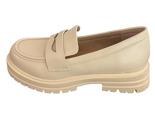 Queentina Damen Slipper Plateau Halbschuhe Absatz Loafer Mokassins HXL-6 Beige 38 von Queentina