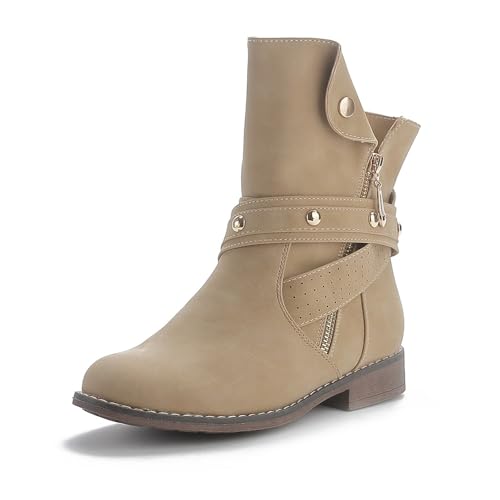 Queentina Damen Stiefeletten warm gefüttert Nieten Boots Biker Stiefel BH201 Khaki 37 von Queentina