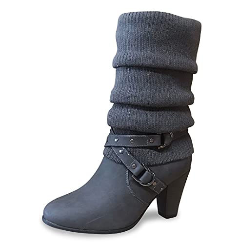 Queentina Damen Stiefel Strick Stiefeletten mit Absatz - Boots Strickschaft High Heels Reißverschluss - Outdoor Schuhe Winter - ST62 Grau Größe 40 von Queentina