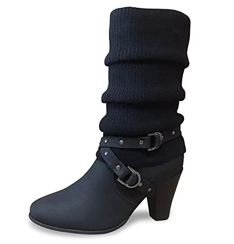 Queentina Damen Stiefel Strick Stiefeletten mit Absatz - Boots Strickschaft High Heels Reißverschluss - Outdoor Schuhe Winter - ST62 Schwarz Größe 37 von Queentina