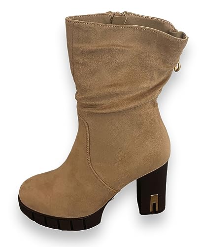 Queentina Damen Stiefeletten Plateau High Heels Absatz Boots elegant hoch B2583 Khaki 36 von Queentina