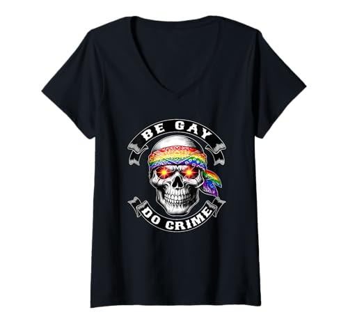 Damen BE Gay DO Crime Schädel Punk Queercore Regenbogenflagge T-Shirt mit V-Ausschnitt von Queer LGBT Gay Punk Kleidung, Mode und Geschenke