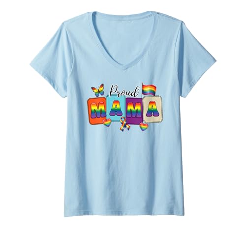 Damen Proud LGBT Mama - Mutter Sohn Tochter LGBTQ Pride Monat Mama T-Shirt mit V-Ausschnitt von Queer & Co Apparel.USA