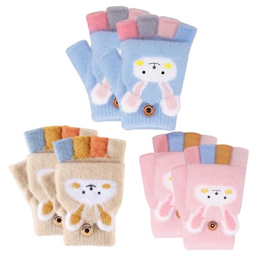 3 Paar Cartoon Fingerhandschuhe,Kinder Warme Winterhandschuhe,Fäustlinge mit Knopf Klappe,Fingerlose Handschuhe,kinder fäustlinge, Fingerlos Strickhandschuhe für Mädchen und Jungen 3-12 Jahre von Queerelele