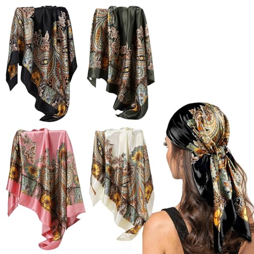 4 Stück Bandana Damen Kopftuch Damen Sommer Seidentuch Haartuch Mädchen Headscarf Satin Bandana Seide Kopftuch Quadratischer Schal Halstuch für Damen Hals kopftuch Decoration (90 * 90CM) von Queerelele