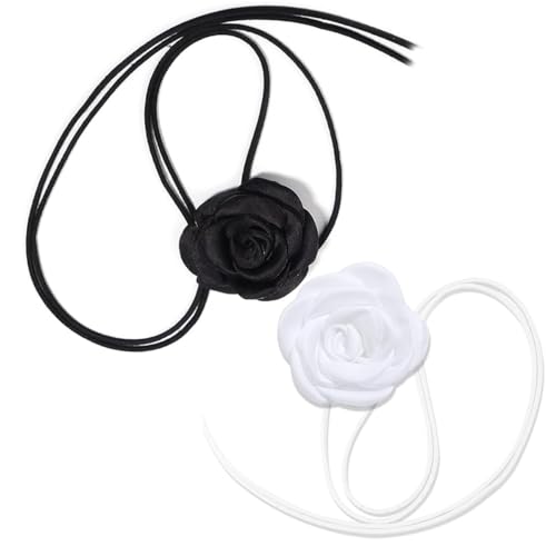Queerelele 2 Stück Blumen Choker Halskette Rosen-Halsband Vintage Große Blume Choker Schleife Blume Schnürung Halskette Rosen-Choker für Frauen Mädchen Braut Hochzeit Party Geburtstag (Schwarz Weiß) von Queerelele