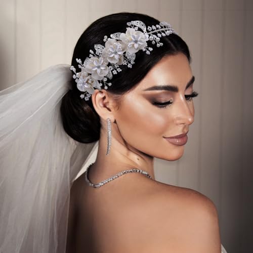 Silber Pearl Stirnband, Blume Blatt Kopfschmuck,Brautschmuck in Weiß mit Strass,Silber Haarschmuck Hochzeit Blume Stirnbänder Haarband Diadem Tiara Flectional,Hochzeit Haarschmuck für die Braut von Queerelele