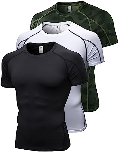 2/3er Pack Herren Kompressionsshirts Kurzarm Workout T-Shirt Cool Dry Unterhemden Baselayer Sportshirt Lauftops, Schwarz + Weiß + CA Army, Mittel von Queerier